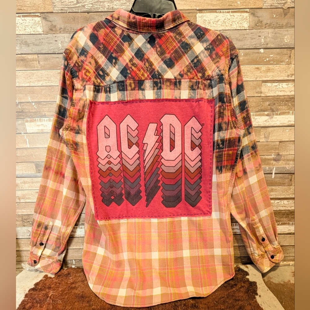 ACDC Graphic Upcycled Dip Dye Bleached Flannel Shirt